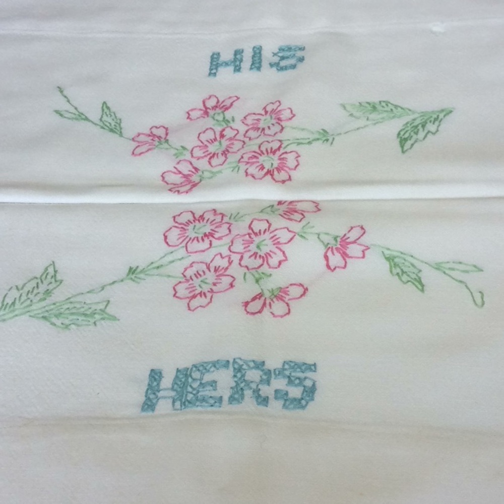 FINAL SALE PRICE Vintage White Floral His/Hers Pillow Case Set